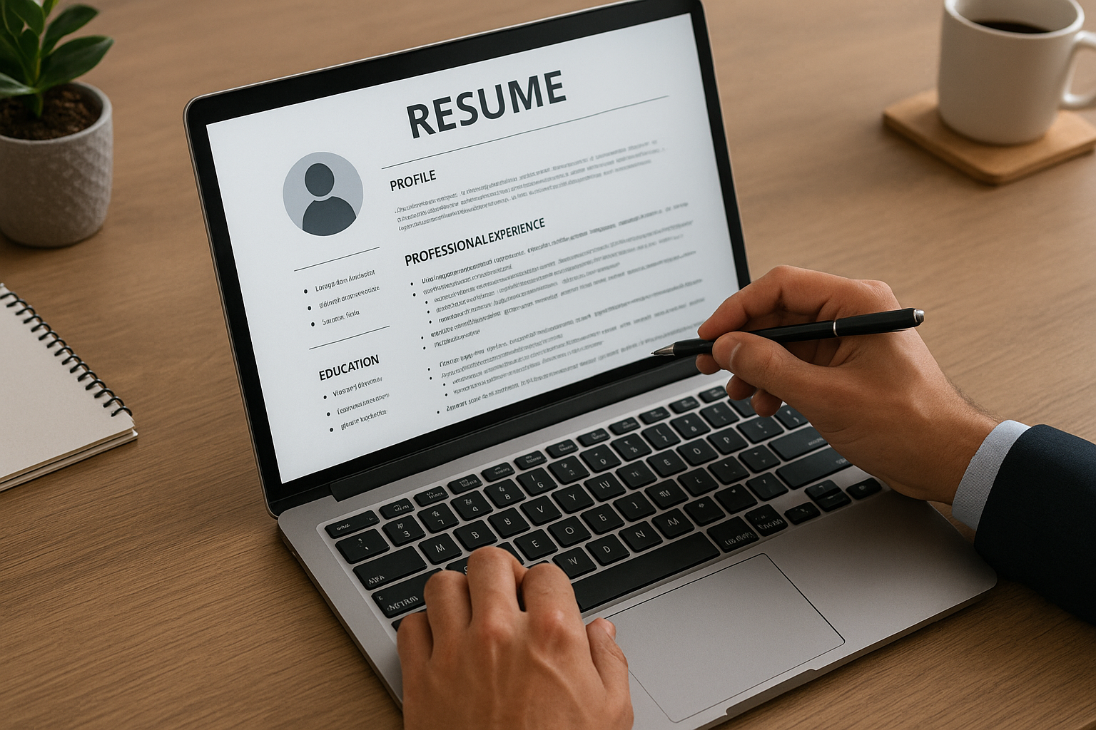 Job seeker editing a resume on laptop
